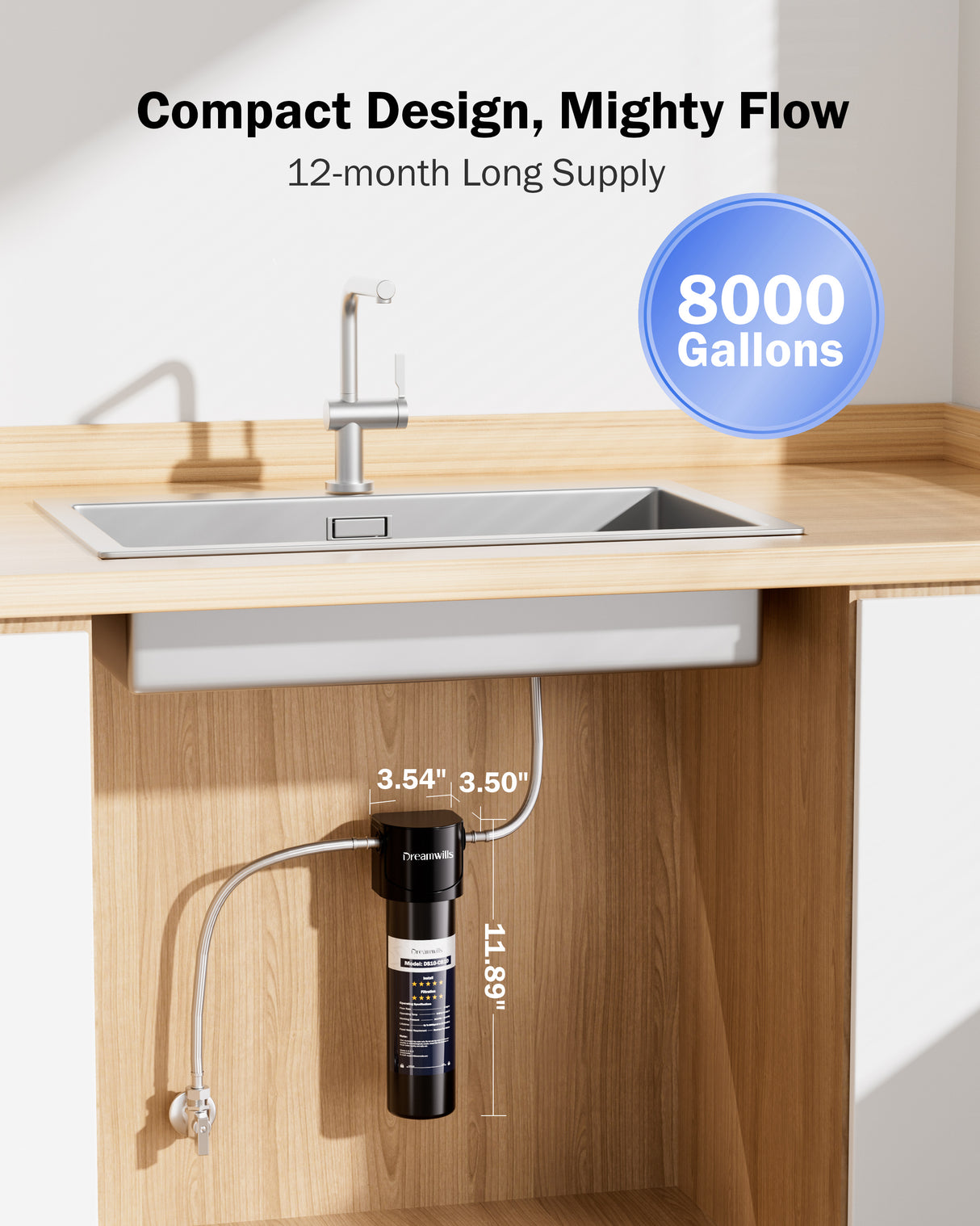 Dreamwills DS10 Under Sink Water Filter System, 1.3 GPM Direct Connect Kitchen Faucet Filtration, 3-Minute Tool-Free Install, Reduces Lead, Chlorine, Bad Taste, Retains Minerals, 1 Year