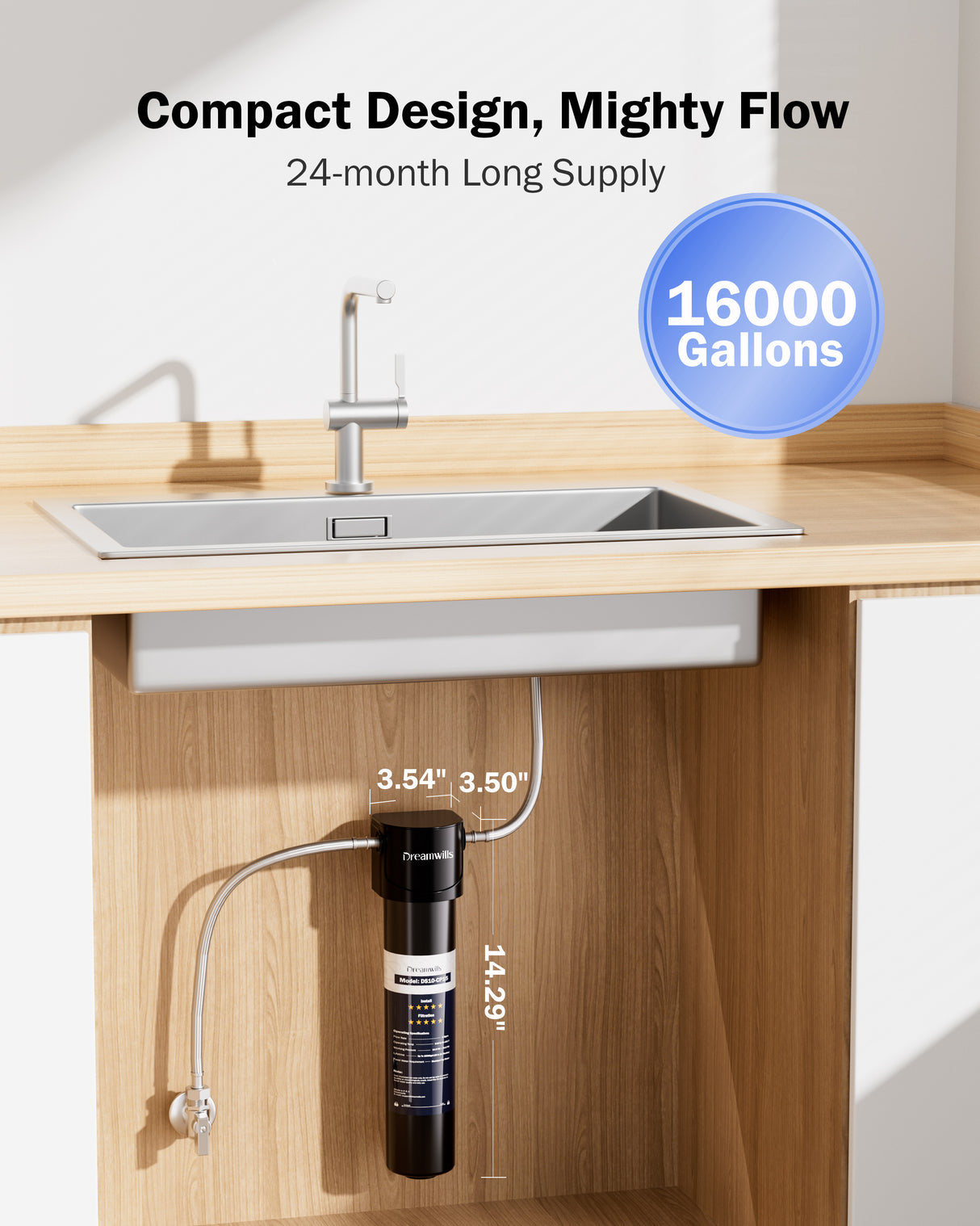 Dreamwills DS15 Under Sink Water Filter System, 1.3 GPM Direct Connect Kitchen Faucet Filtration, 3-Minute Tool-Free Install, Reduces Lead, Chlorine, Bad Taste, Retains Minerals, 2 Years