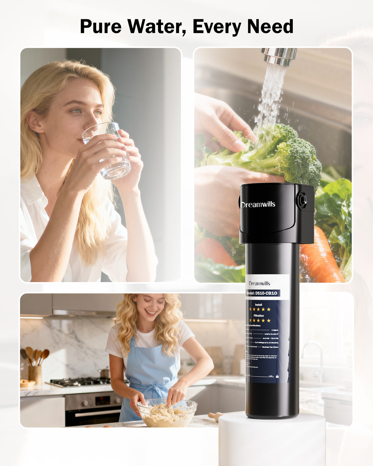 Dreamwills DS10 Under Sink Water Filter System, 1.3 GPM Direct Connect Kitchen Faucet Filtration, 3-Minute Tool-Free Install, Reduces Lead, Chlorine, Bad Taste, Retains Minerals, 1 Year