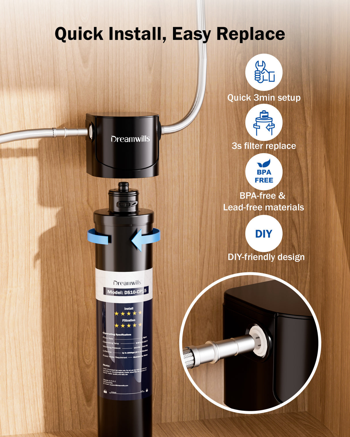 Dreamwills DS15 Under Sink Water Filter System, 1.3 GPM Direct Connect Kitchen Faucet Filtration, 3-Minute Tool-Free Install, Reduces Lead, Chlorine, Bad Taste, Retains Minerals, 2 Years