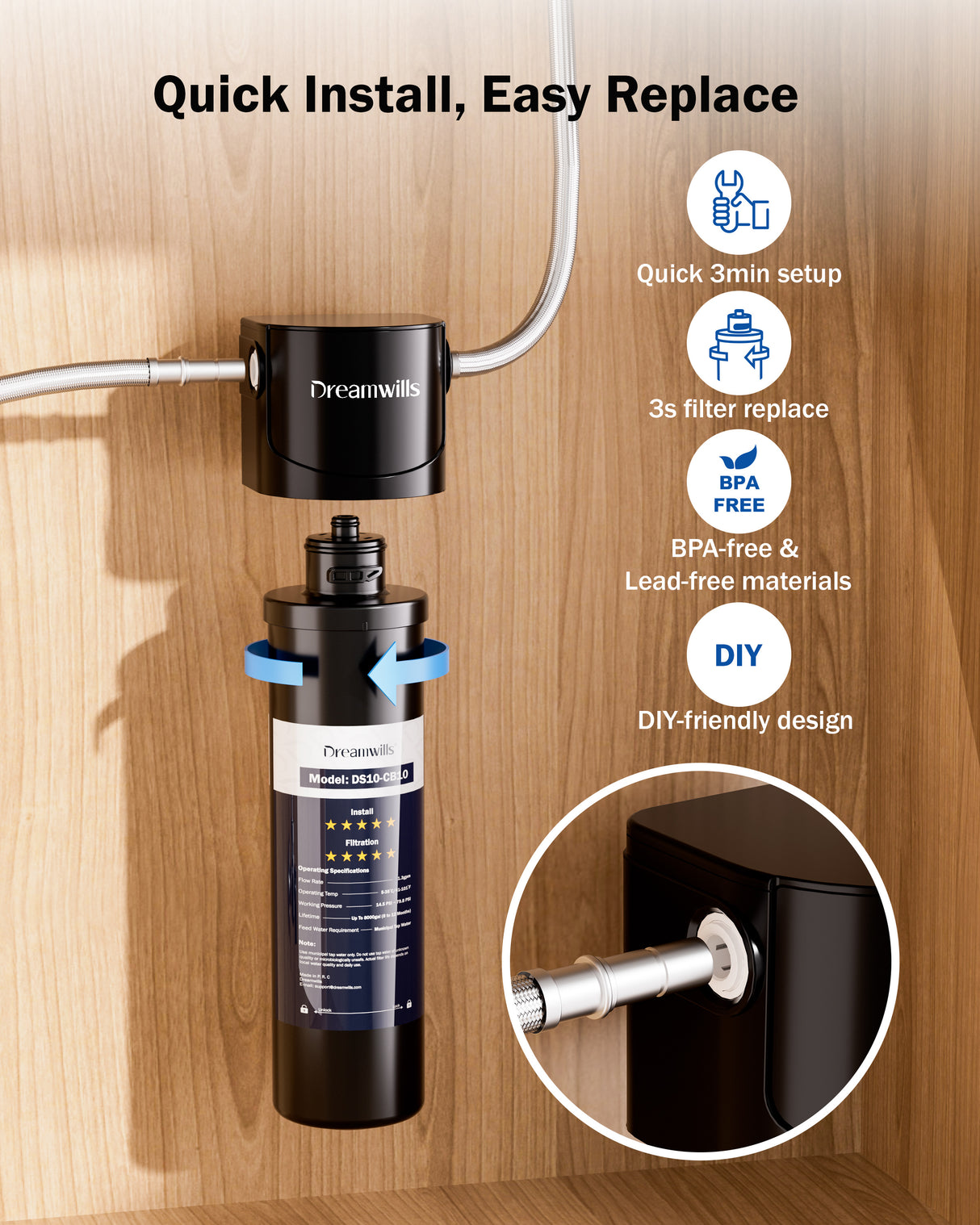 Dreamwills DS10 Under Sink Water Filter System, 1.3 GPM Direct Connect Kitchen Faucet Filtration, 3-Minute Tool-Free Install, Reduces Lead, Chlorine, Bad Taste, Retains Minerals, 1 Year